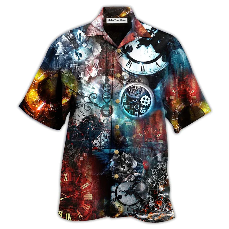Vintage Clock Hawaiian Shirt For Vacation Parties Beach Outings And Relaxed Daily Wear