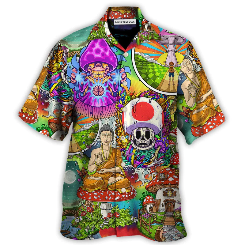 Bohemian Colorful Mushroom Peace Hawaiian Shirt For Summer Events And Casual Outdoor Wear