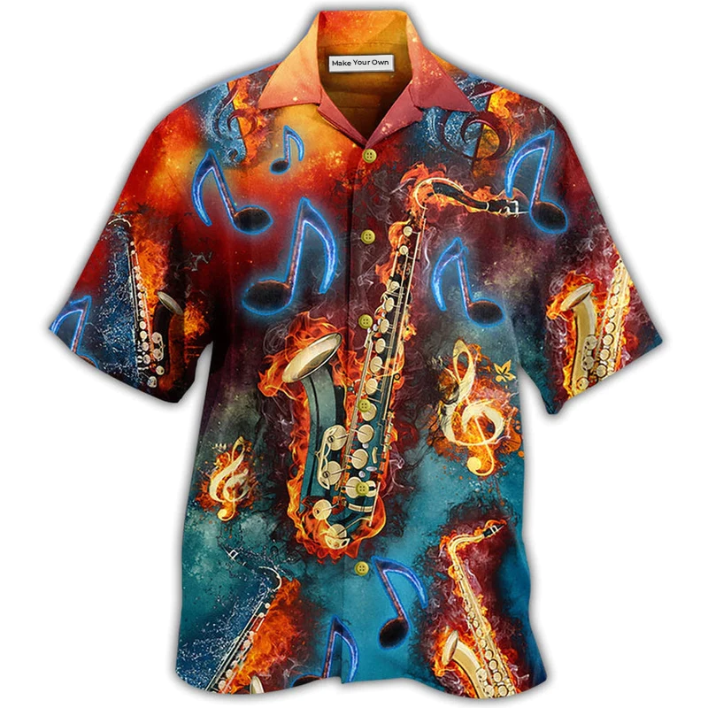 Red Black Blue Saxophone Music Hawaiian Shirt Pattern View For Lightweight Everyday Style
