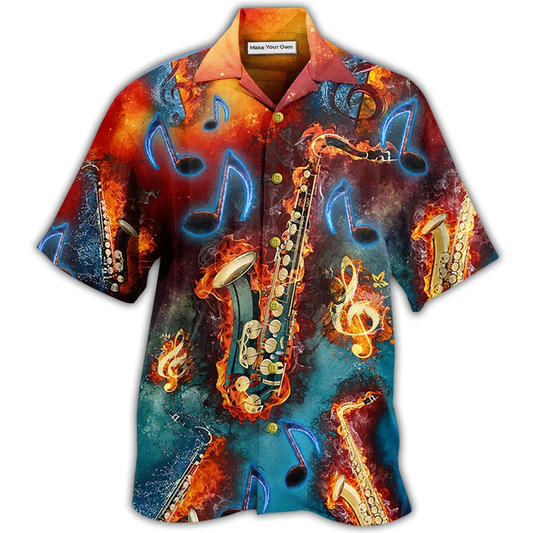Red Black Blue Saxophone Music Hawaiian Shirt Pattern View For Lightweight Everyday Style