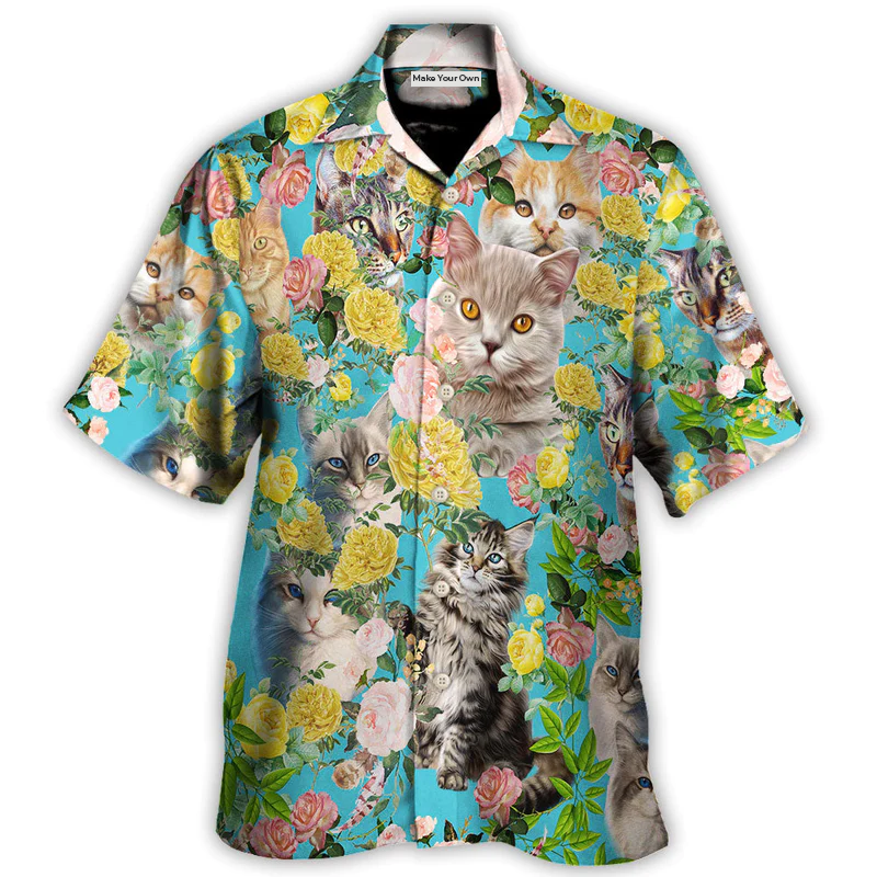Floral Cat Hawaiian Shirt Artwork Detail For Tropical Trips And Casual Outings