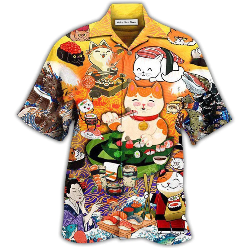 Cat Eat Sushi Hawaiian Shirt Pattern Detail For Vacation Travel And Daily Wear