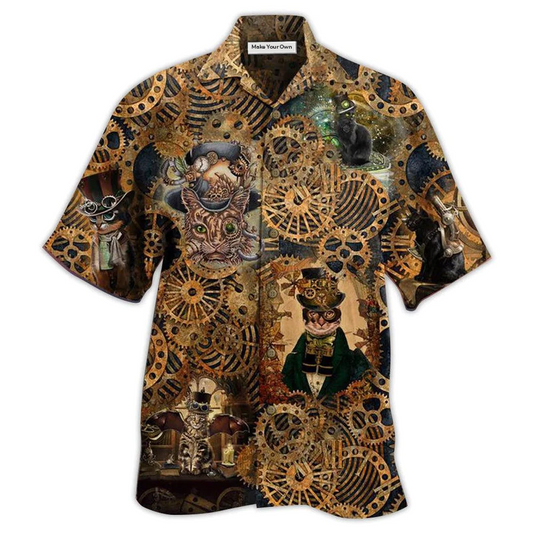 Retro Cat Machine Paradise Hawaiian Shirt Pattern Detail For Summer Holidays And Outdoor Fun