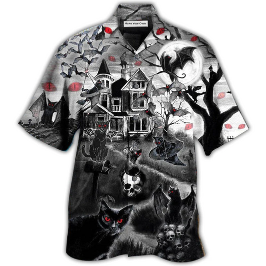 Black Cat Halloween Flying Horror Night Hawaiian Shirt For Vacation Days And Relaxed Coastal Outings