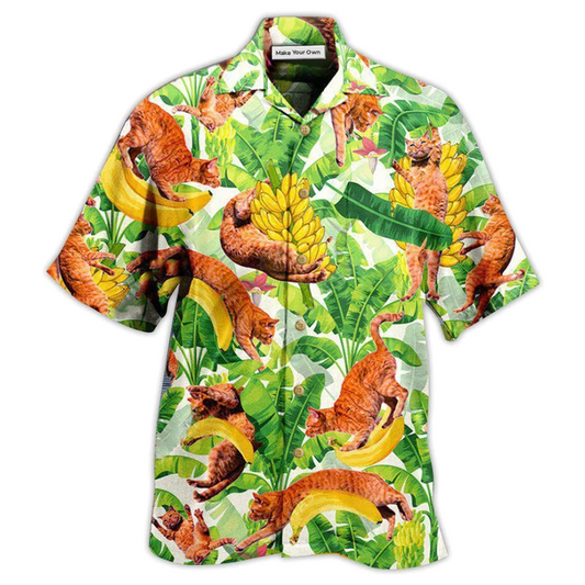 Funny Cat Jumping Bananas Hawaiian Shirt For Coastal Adventures And Warm Weather Wear