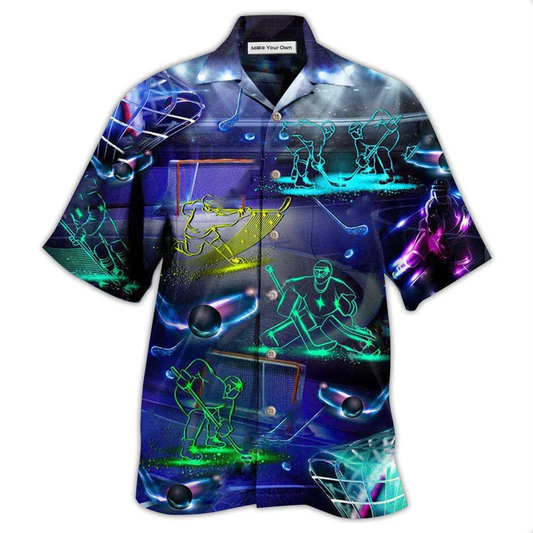 Neon Ice Hockey Hawaiian Shirt For Summer Events Coastal Travel And Comfortable Styling