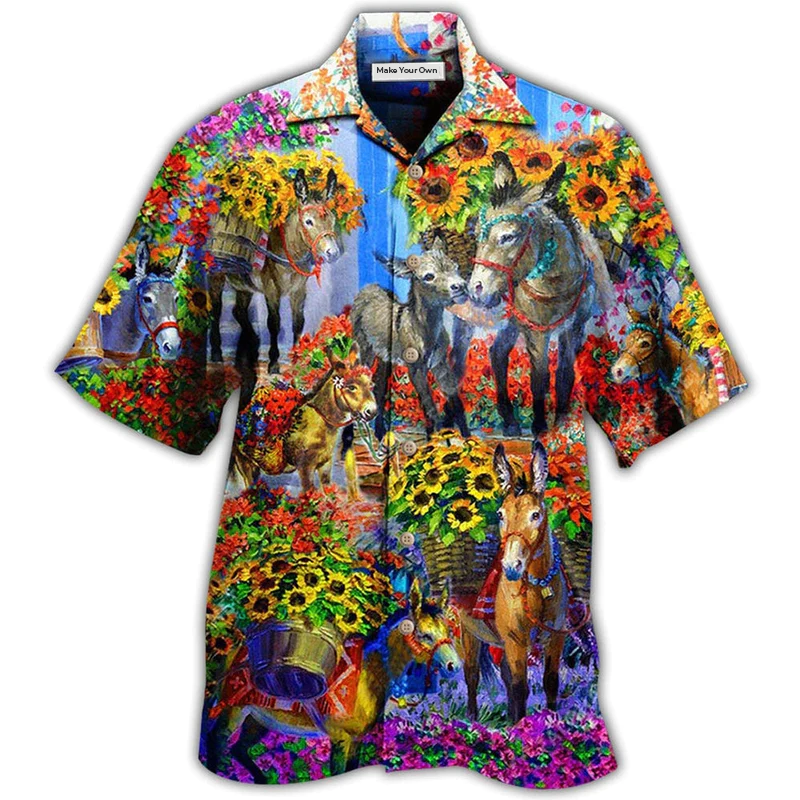 Sunflower Spring Donkey Hawaiian Shirt For Vacation Parties Beach Outings And Relaxed Daily Wear