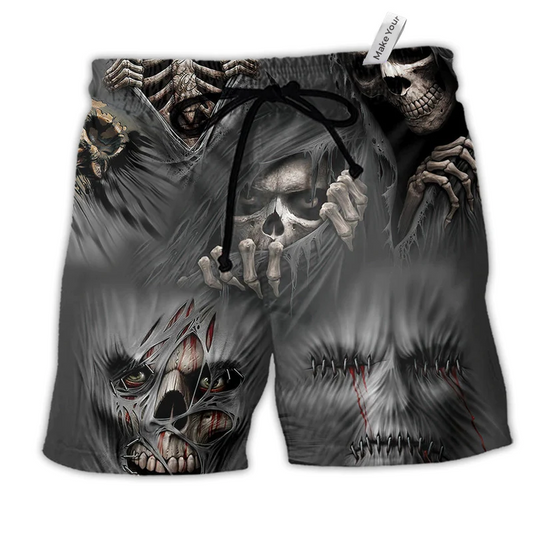 Skull What Scares You Excites Me Dark Hawaiian Beach Shorts For Fantasy Fan Beach Days