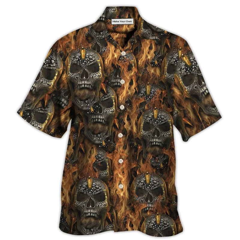 Western Skull Head Shot Fire Hawaiian Shirt Pattern Detail For Vacation Travel And Daily Wear