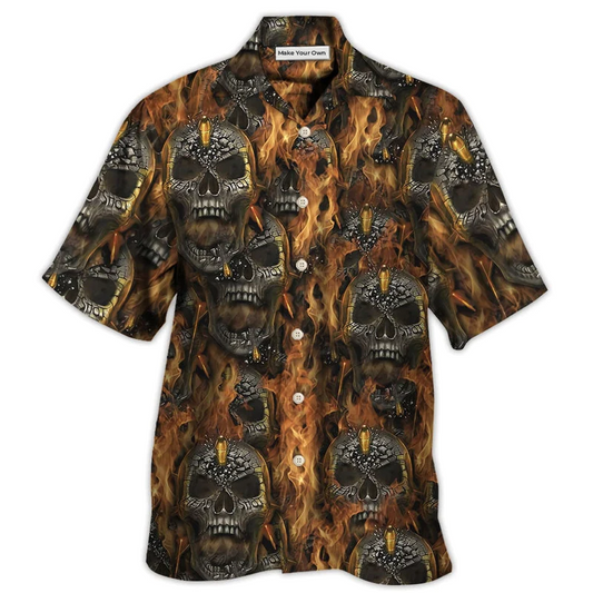 Western Skull Head Shot Fire Hawaiian Shirt Pattern Detail For Vacation Travel And Daily Wear