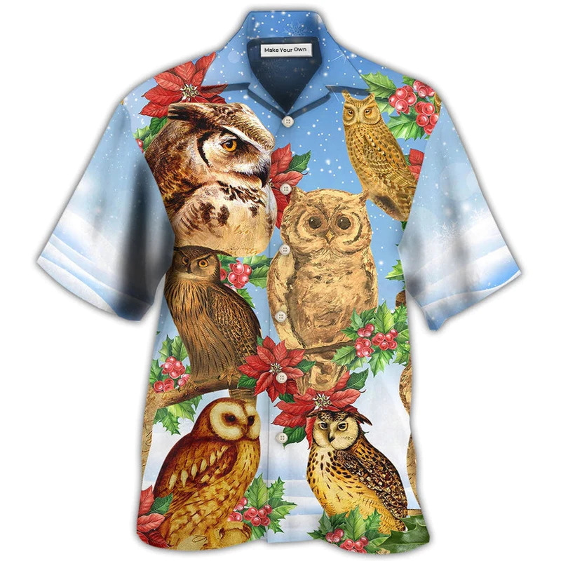 Retro Happy Owl Christmas Hawaiian Shirt Pattern Detail For Summer Holidays And Outdoor Fun