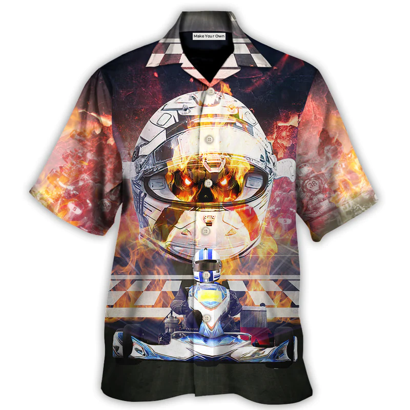 Kart Racing Skull Fire Hawaiian Shirt Graphic Artwork Detail For Resort Wear