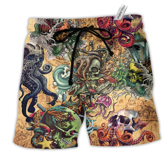 Skull Into The Sea Hawaiian Print Beach Shorts For Seaside Summer Adventures