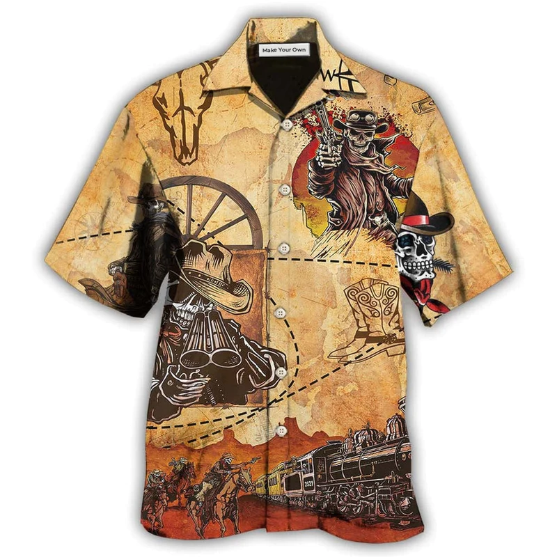 Vintage Skull Cowboy Hawaiian Shirt For Summer Vacation And Beach Travel