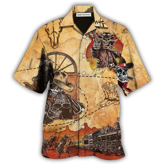 Vintage Skull Cowboy Hawaiian Shirt For Summer Vacation And Beach Travel