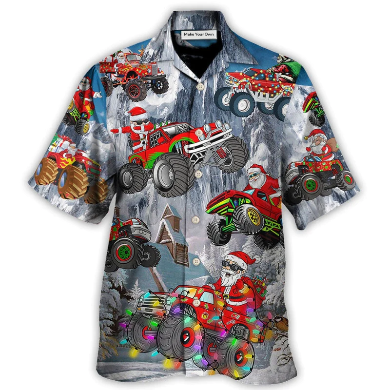 Red Truck Christmas Riding Snow Mountain Hawaiian Shirt Artwork Detail For Tropical Trips And Casual Outings