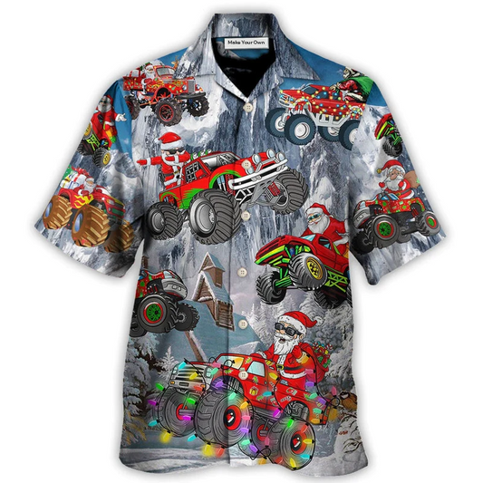 Red Truck Christmas Riding Snow Mountain Hawaiian Shirt Artwork Detail For Tropical Trips And Casual Outings