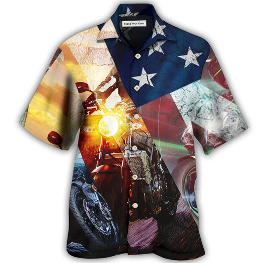 Motorcycle Independence Day American Hawaiian Shirt Artwork Detail For Tropical Trips And Casual Outings