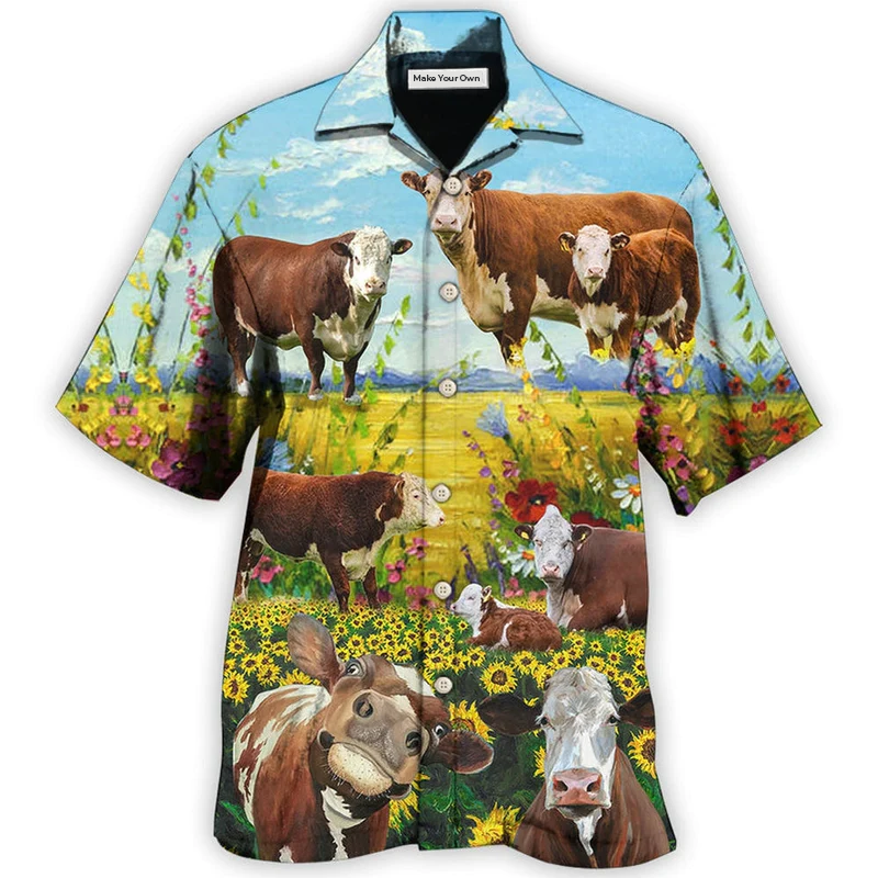 Cow Hereford Landscape Hawaiian Shirt Pattern View For Relaxed Warm Weather Outfits