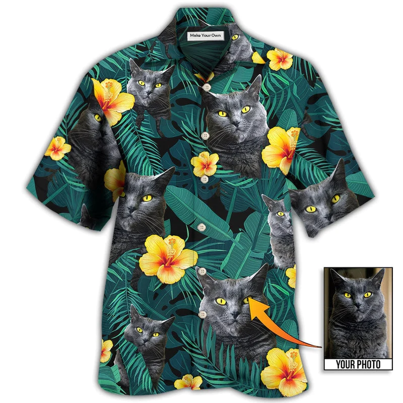 Black Green Tropical Cat Custom Photo Hawaiian Shirt Design Detail For Sunny Adventures And Casual Wear