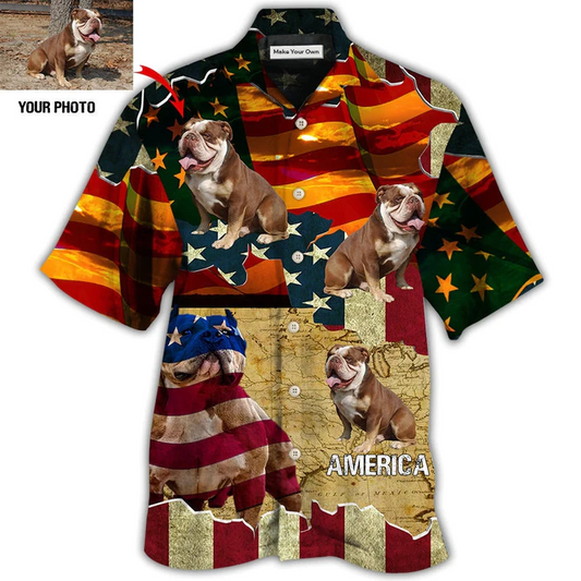 English Bulldog American Sunset Custom Photo Hawaiian Shirt Artwork Detail For Resort Trips And Outdoor Activities