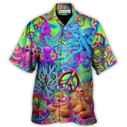 Bohemian Funny Colorful Octopus Tie Dye Hawaiian Shirt Artwork Detail For Tropical Trips And Casual Outings