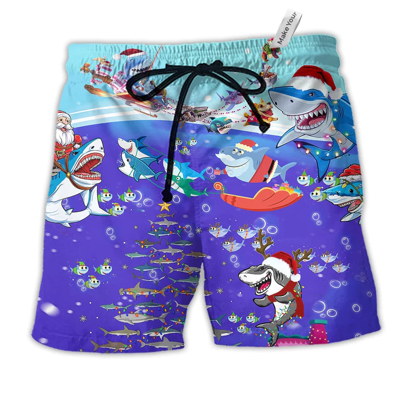 Christmas Ocean Santa Shark Beach Shorts For Holiday Cruises And Bright Seasonal Outfits