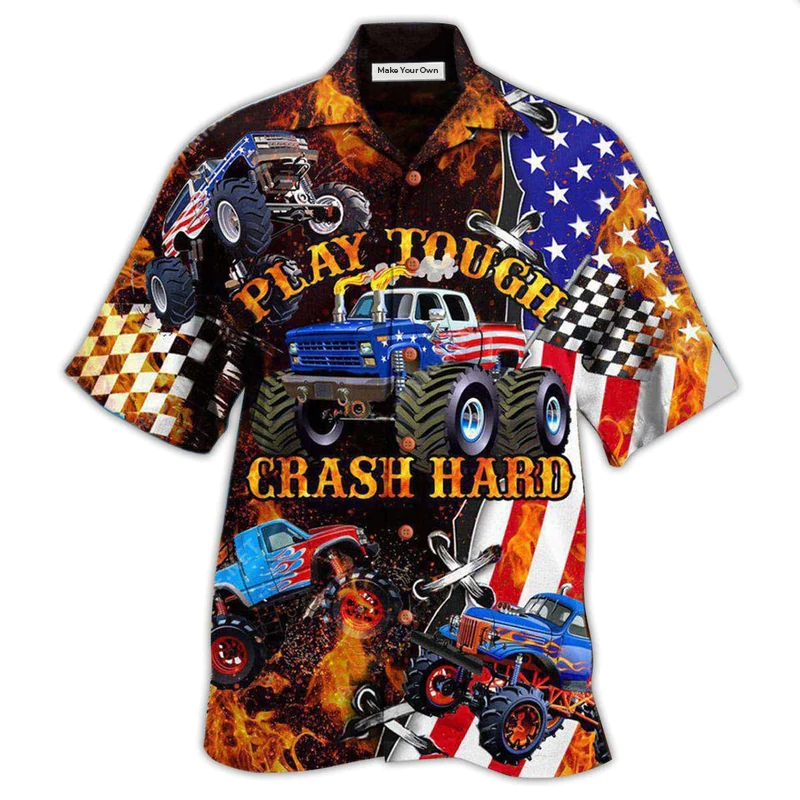 Truck Monster Fire Play Tough Crash Hawaiian Shirt Pattern Detail For Vacation Travel And Daily Wear