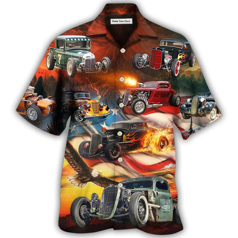 Hot Rod Independence Day American Flag Hawaiian Shirt For Vacation Days And Relaxed Coastal Outings