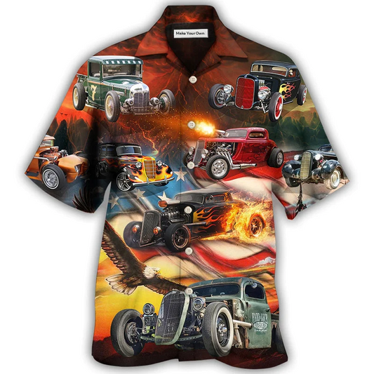 Hot Rod Independence Day American Flag Hawaiian Shirt For Vacation Days And Relaxed Coastal Outings