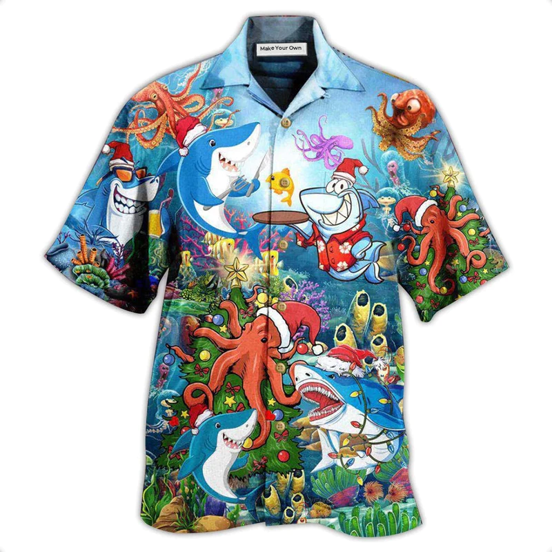 Happy Shark New Year Hawaiian Shirt Design Detail For Sunny Adventures And Casual Wear