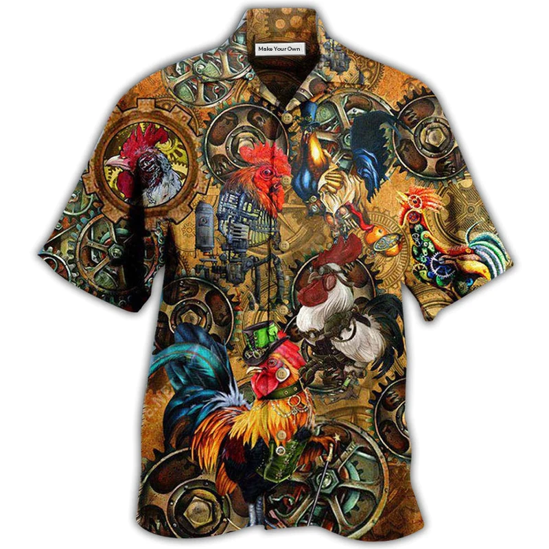 Steampunk Chicken Rooster Hawaiian Shirt Pattern View For Relaxed Warm Weather Outfits