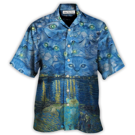 Cat Starry Night Hawaiian Shirt Artwork Detail For Resort Trips And Outdoor Activities