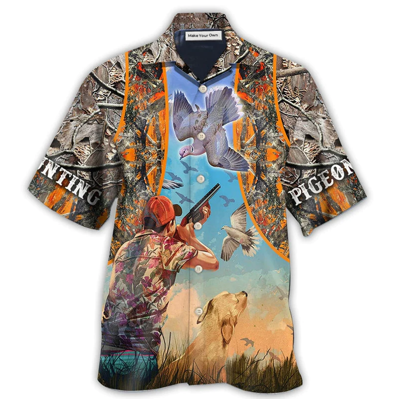 Orange Hunting Pigeon Hawaiian Shirt Pattern View For Relaxed Warm Weather Outfits