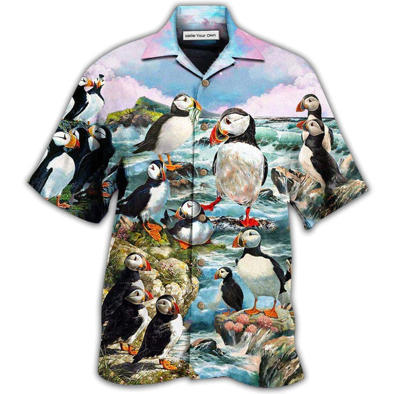 Blue Penguin Animals Penguins Coast Sky Hawaiian Shirt Pattern View For Relaxed Warm Weather Outfits