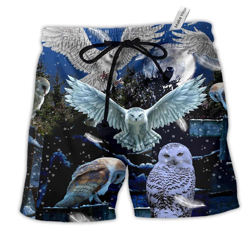 Owl Sing At Silent Night Hawaiian Print Beach Shorts For Animal Lover Vacation Wear
