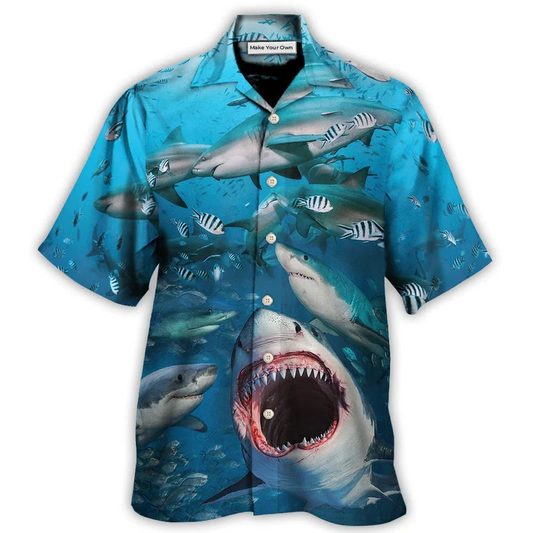 Shark Hunt Packs Hawaiian Shirt Design Detail For Beach Days And Holiday Travel
