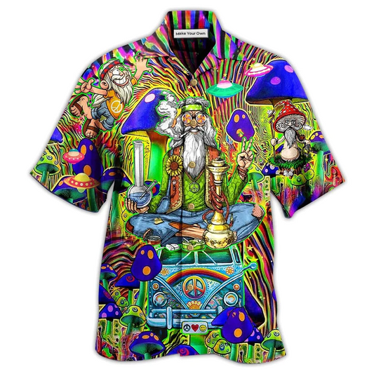 Bohemian Colorful Mushroom Peace Hawaiian Shirt Artwork Detail For Resort Trips And Outdoor Activities