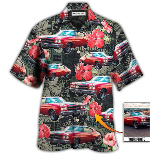 Tropical Car Muscle Leaf Custom Photo Hawaiian Shirt Artwork View For Weekend Travel And Beach Style