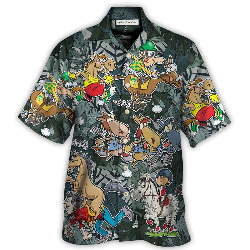 Funny Horse Racing Hawaiian Shirt Resort Outfit View For Tropical Vacations