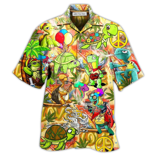 Bohemian Funny Turtle Peace Hawaiian Shirt Design Detail For Beach Days And Holiday Travel