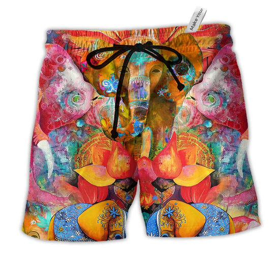 Hippie Elephant Amazing Color Hawaiian Print Beach Shorts For Wildlife Inspired Summer Style