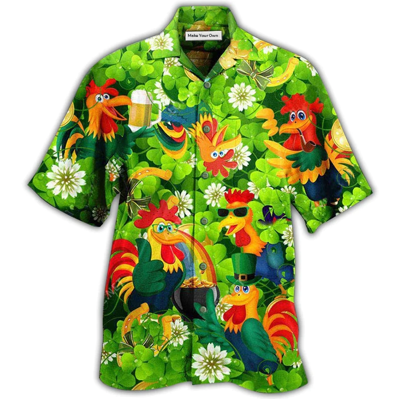 Chicken Roosters Bring Luck Shamrock Hawaiian Shirt Pattern View For Relaxed Warm Weather Outfits