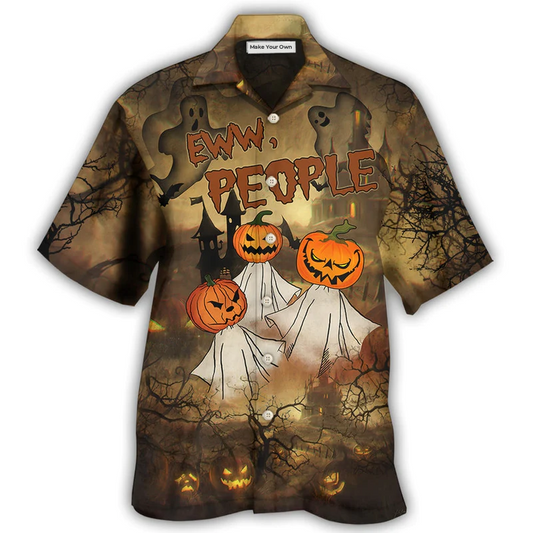 Halloween Eww People Pumpkin Ghost Hawaiian Shirt Artwork Detail For Resort Trips And Outdoor Activities