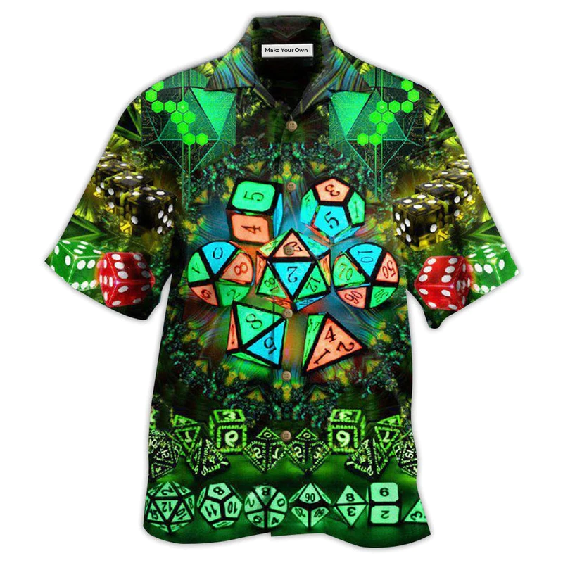 Glowing Tabletop Dice Kaleidoscope Hawaiian Shirt Artwork Detail For Tropical Trips And Casual Outings