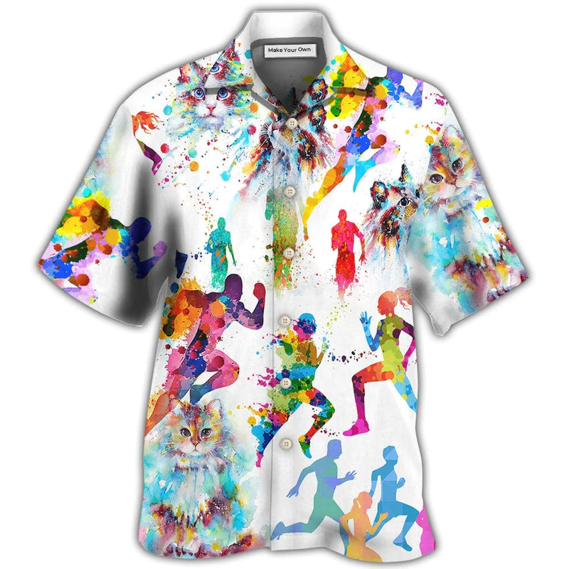 Cat Running Hawaiian Shirt Pattern View For Lightweight Everyday Style