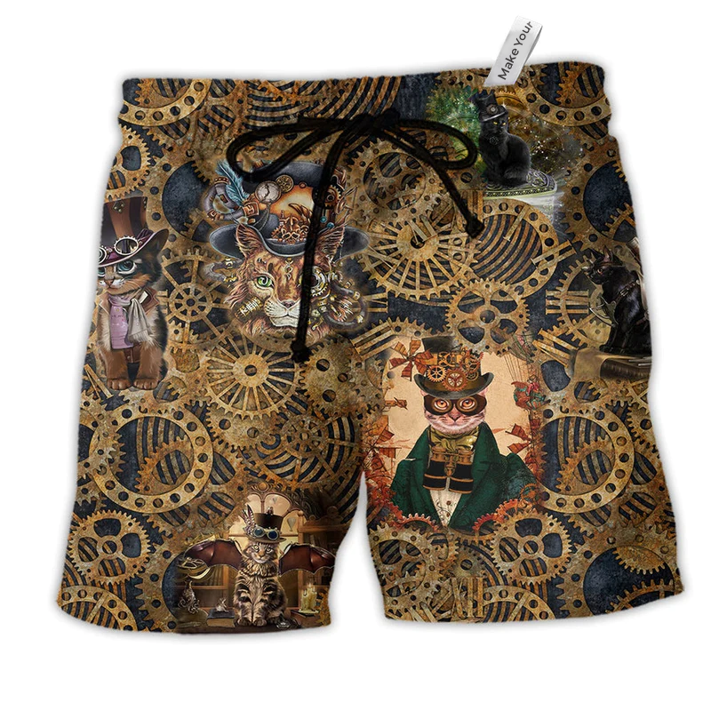 Cat Love Machine Old Style Hawaiian Print Beach Shorts For Beach Days And Casual Travel