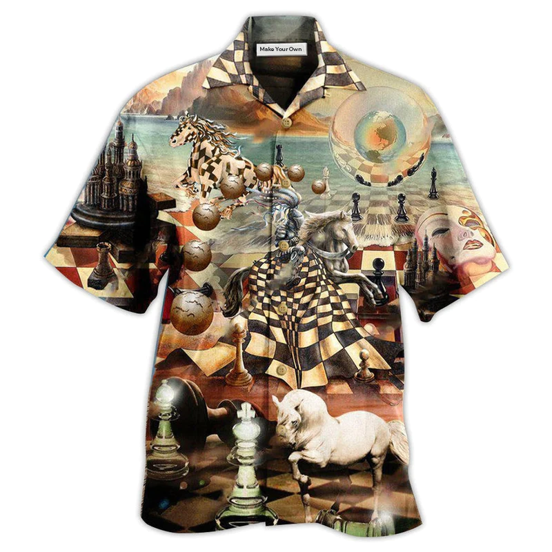 Vintage Chess Power Knights Hawaiian Shirt Pattern View For Relaxed Warm Weather Outfits