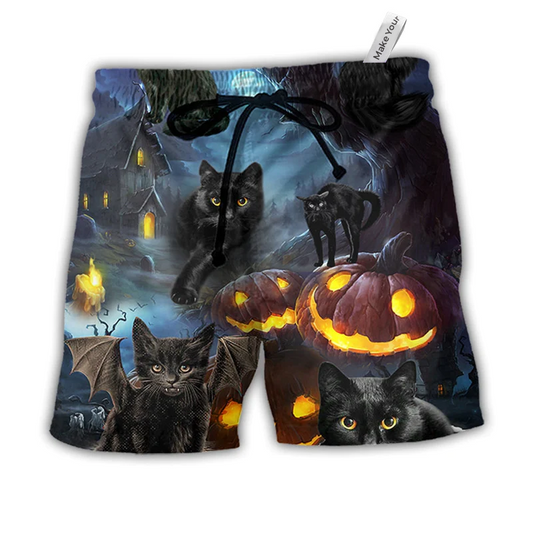 Halloween Black Cat Dark Night Hawaiian Print Beach Shorts For Bold Summer Vacation Style