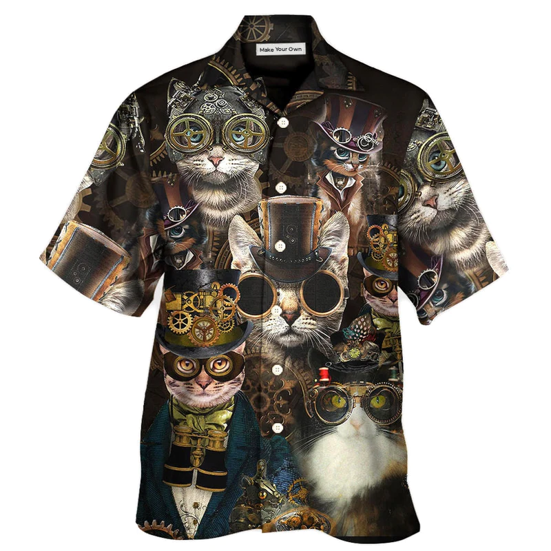 Steampunk Cat Machines Hawaiian Shirt Artwork View For Coastal Escapes And Resort Style